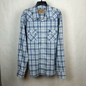 Wrangler Retro Snap Button Front Shirt Mens Sz XL Western White Blue Plaid